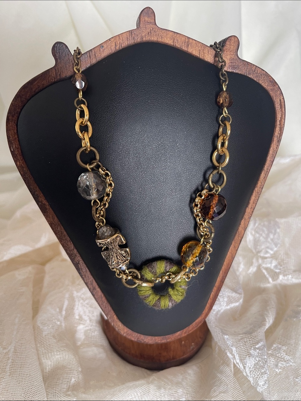 Mixed-Media Olive Green & Amber Accent Women’s Necklace